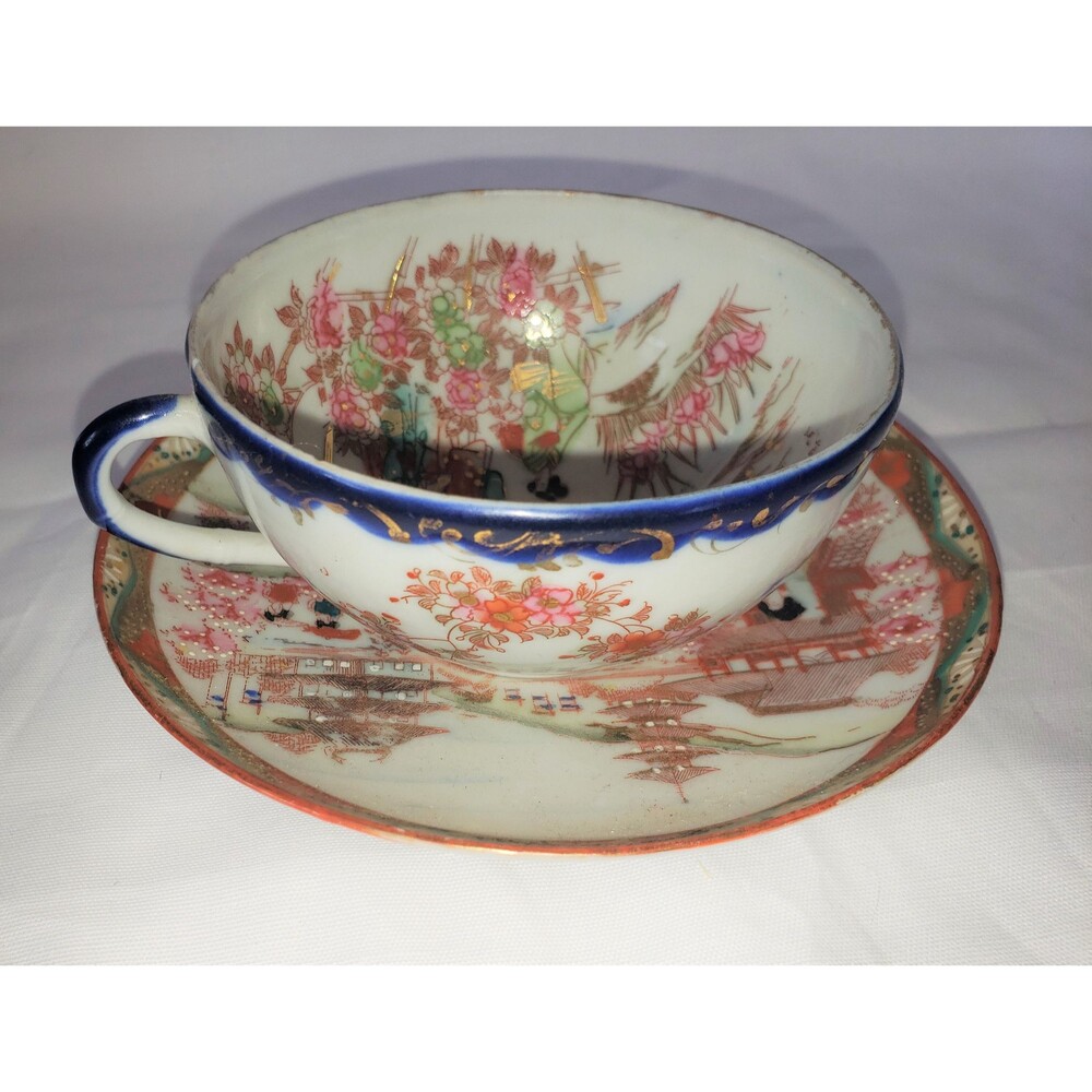 Hand Painted Moriage Vintage Geisha Teacup & Saucer Japan 1950s Vintage Japan